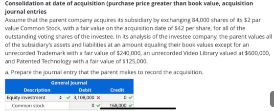 Consolidation at date of acquisition (purchase price greater than book value, acquisition journal entries Assume that the par