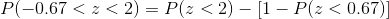 P(-0.67<z<2) = P(z<2)-[1-P(z<0.67)]