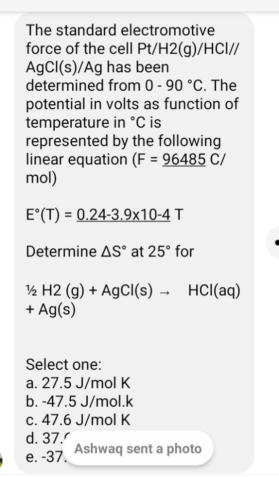 The standard electromotive force of the cell Pt/H2(g)/HC/// AgCl(s)/Ag has been determined from 0 - 90 °C. The potential in v