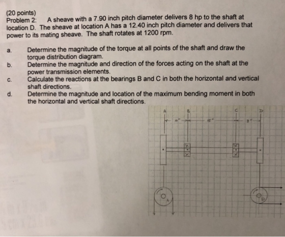 (20 points) Problem 2: A sheave with a 7.90 inch pitch diameter delivers 8 hp to the shaft at location D. The sheave at locat