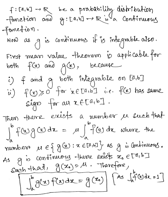 MIO f: [a,b] →R be a probability distribution function and g: [a, b] → R is a continuous fanetion. How as og is continuous it