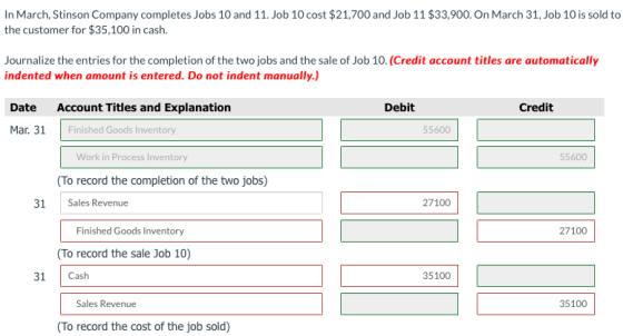 In March, Stinson Company completes Jobs 10 and 11. Job 10 cost $21,700 and Job 11 $33,900. On March 31, Job 10 is sold to th