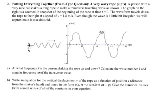 Putting Everything Together (Exam-Type Question): A very wavy rope (2 pts). A person with a very nice hat shakes a long rope to make a transverse traveling wave as shown. The graph on the right is a zoomed-in snapshot of the beginning of the rope at time 0. The waveform travels down the rope to the right at a speed of v 1.8 m/s. Even though the wave is a little bit irregular, we will approximate it as a sinusoid. 2. y (cm) I0 15 20 At what frequency fis the person shaking the rope up and down? Calculate the wave number k and angular frequency ? of the transverse wave. a) Write an equation for the vertical displacement y of the rope as a function of position x (distance from the shakers hand) and time , in the form y(x, ,)-A sin(kx ± ox-0). Give the numerical values (with correct units) of all of the constants in your equation b)