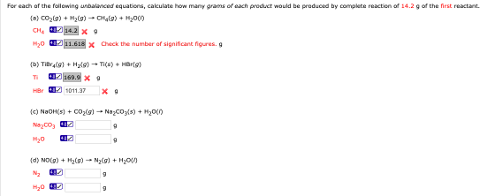 For each of the following unbalanced equations, calculate how many grams of each product would be produced by complete reacti