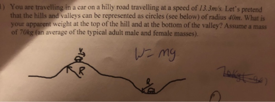 1) You are travelling in a car on a hilly road travelling at a speed of 13.3m/s. Lets pretend that the hills and valleys can