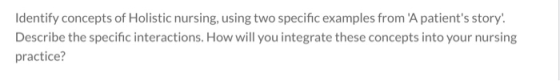 Identify concepts of Holistic nursing, using two specific examples from A patients story Describe the specific interactions