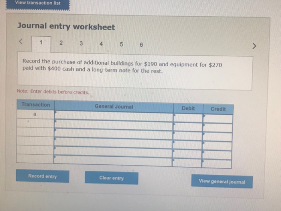 View transaction list Journal entry worksheet 2 4 Record the purchase of additional buildings for $190 and equipment for $270 paid with $400 cash and a long-term note for the rest. Note: Enter debits before credits. Transaction General Journal Debit Credit a. Record entry Clear entry View general journal