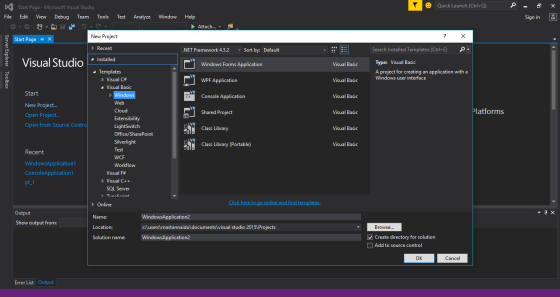 Quick Launch (Ctrl+Q) Start Page - Microsoft Visual Studio Edit View Debug Team File Tools Test Analyze Window Help Sign in 1