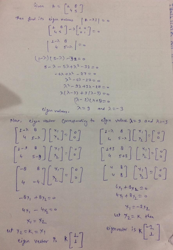 Given A O 4 3 then find its eigen values | A-11120 (S)--[:] 1-2 8 1 (-))(59) -32=0 5-7-57+72-32=0 - 6x + x2 - 27 = o 22-61-27