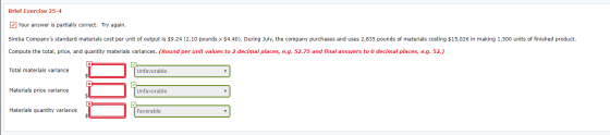 Brief Exercise 25-4 Your answer is partially correct. Try again. Simba Companys standard materials cost per unit of output i