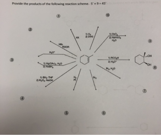 wone br Provide the products of the following reaction scheme. 5 x 9 45 1)O 2) DIAS 1) OsO 2) NAHSO но нх HDr лOOR но 1) RCO