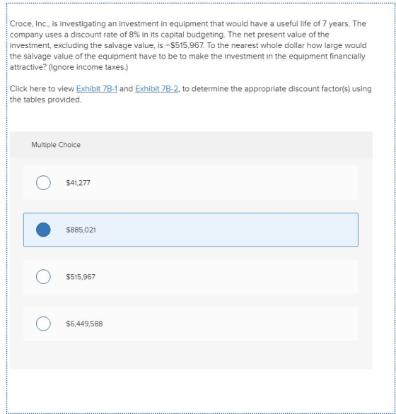 Croce, Inc., is investigating an investment in equipment that would have a useful life of 7 years. The company uses a discoun
