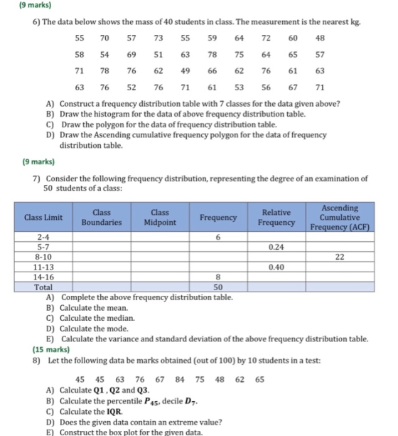 (9 marks) 6) The data below shows the mass of 40 students in class. The measurement is the nearest kg. 55 70 57 73 55 64 60 4
