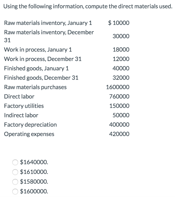 Using the following information, compute the direct materials used. Raw materials inventory, January 1 $10000 Raw materials i