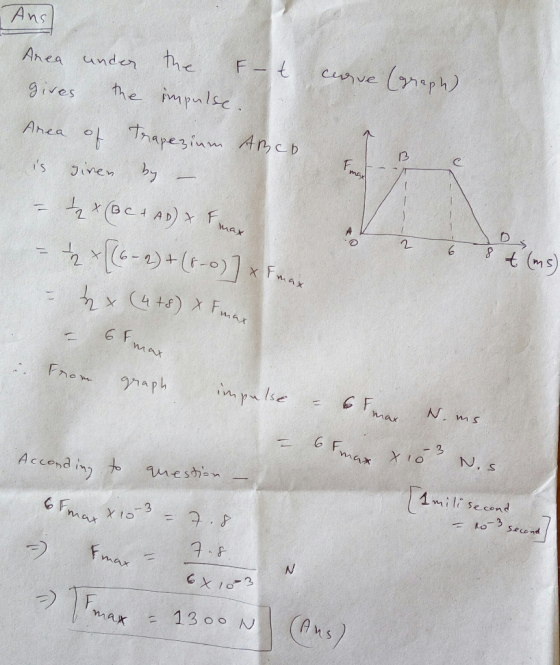 Ans Area under the F-t curve (graph) gives the impulse. Ahea • Thчрез ім Ап, ср is given by - - + x (BC + AD) + F man = 1 + (