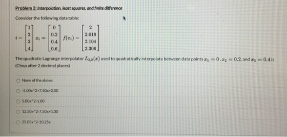 Problem 3: Interpolation, least squares, and finite difference Consider the following data table: 2 0 0.2 0.4 0.6 f(x) = 2 2.