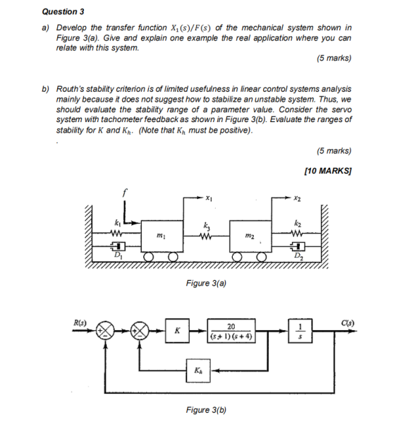 Question 3 a) Develop the transfer function X,(s)/F(s) of the mechanical system shown in Figure 3(a). Give and explain one ex