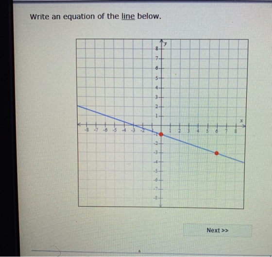 Write an equation of the line below. 7 6- 5 -8 -7 -6 -5-4 -3 2 3 6 7 S 2- Next >> re