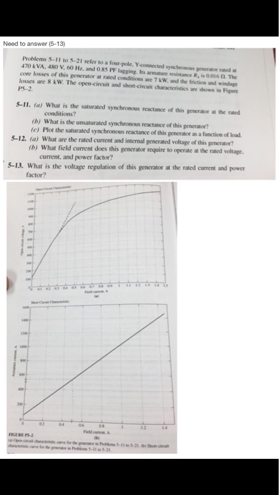 Need to answer (5-13) Problems 5-11 to 5-21 refer to a four-pole. Y-connected synchronous generalor rated a 470 kVA. 480 V. 60 Hz. and 085PFlagging. Its armature resistance R. n0016 The core losses of this generator at rated conditions are 7 kW and the friction and windage losses are 8 kW. The open-circuit and shont-circuit characteristics are shown in Figure PS-2 S-11. (a) What is the saturated synchronous reactance of this gencrator at the rated conditions? (b) What is the unsaturated synchronous reactance of this generatce c) Plot the saturated synchronous reactance of this generator as a function of load 5-12. (a) What are the rated current and internal generated voltage of this generator b) What field current does this generator require to operate at the rated voltage. current, and power factor? S-13. What is the voltage regulation of this generator at the rated current and power factor? 12