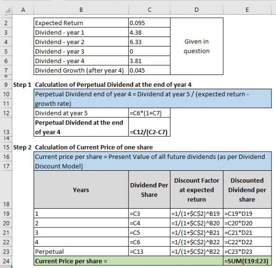 A B с E B 14 2 Expected Return 0.095 Dividend - year 1 4.38 4 Dividend - year 2 6.33 Given in 5 Dividend - year 3 0 question