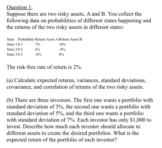 Question 1: Suppose there are two risky assets, A and B. You collect the following data on probabilities of different states