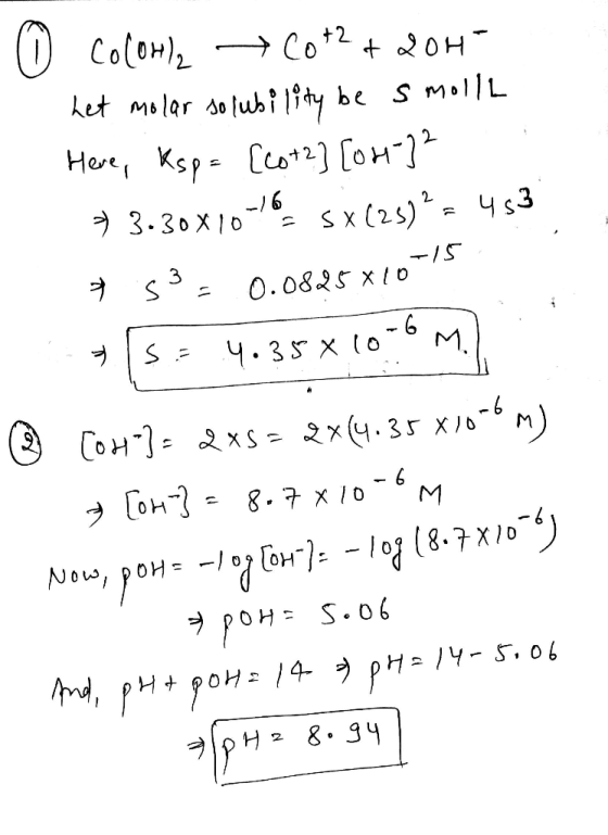 CO(OH) Co2 0H det molar dolubi 1?4y be S mo1|L Here Ksp ot] [on -/6 9 3.30X10 S x (2s)43 73 0.০8২ x {০ -6 M. 4.35 x (o CoH S