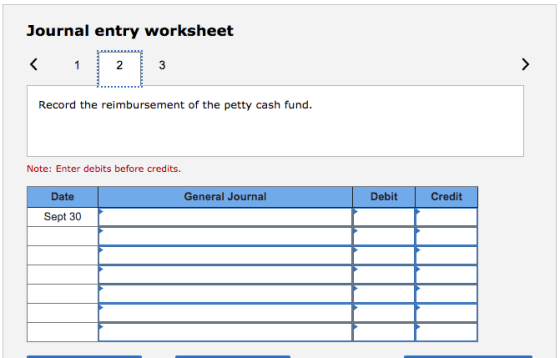 Journal entry worksheet < 1 2 3 3 > Record the reimbursement of the petty cash fund. Note: Enter debits before credits. Date