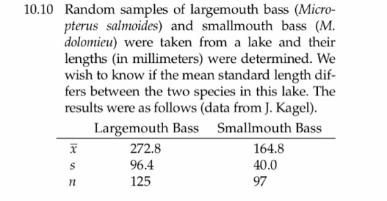 10.10 Random samples of largemouth bass (Micro- pterus salmoides) and smallmouth bass (M. dolomieu) were taken from a lake an