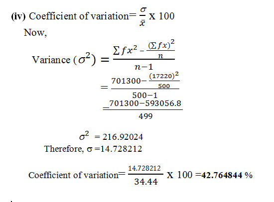 (iv) Coefficient of variationX 100 NoDw, Variance (σ2) Σ fr rof ー701300-(17220) n-1 500-1 701300-593056.8 499 216.92024 There