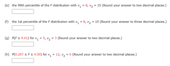 (e) the 99th percentile of the F distribution with V2 = 8, V2 = 15 (Round your answer to two decimal places.) (f) the 1st per