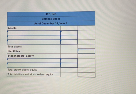 LIFE, INC. Balance Sheet As of December 31, Year 1 Assets Total assets Liabilities Stockholders Equity Total stockholders e