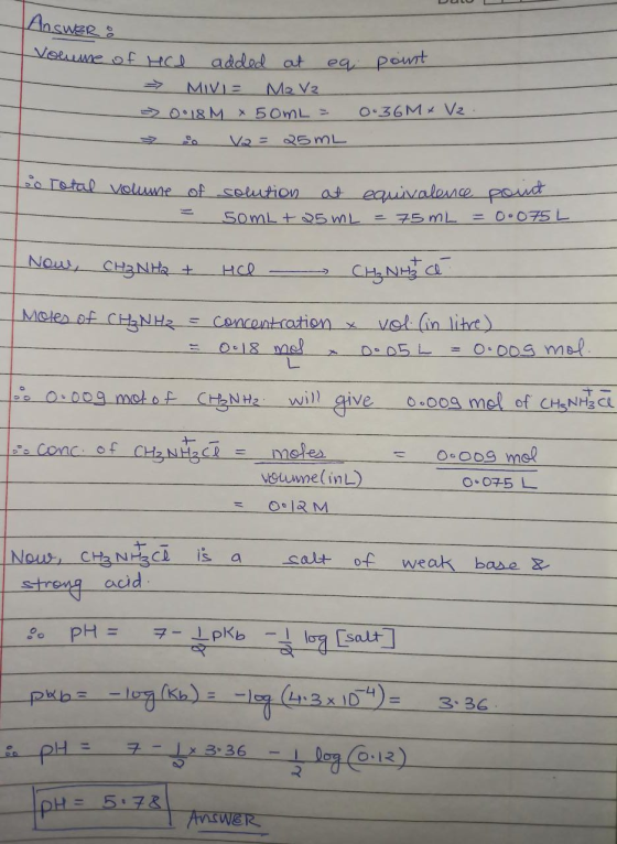 ULO Answer: Vouume of rece added at eg pourt → MIVI= M2 Vz => 0.18 M 50mL = 0.36M* Vz. & va= 25mL too Total volume of solutio