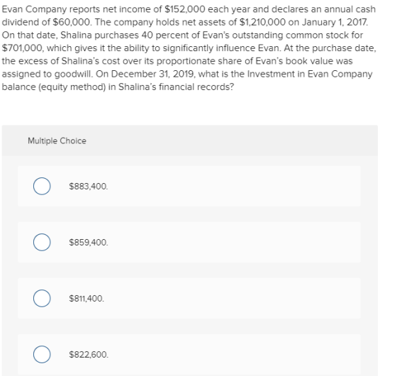 Evan Company reports net income of $152,000 each year and declares an annual cash dividend of $60,000. The company holds net