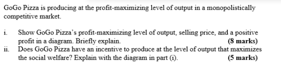 GoGo Pizza is producing at the profit-maximizing level of output in a monopolistically competitive market. i Show GoGo Pizza