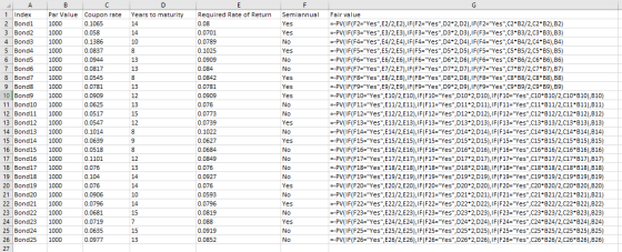 Years to maturity 14 10 8 13 13 ДА В 1 Index Par Value Coupon rate 2 Bondi 1000 0.1065 3 Bond2 1000 0.058 4 Bond31000 0.1386