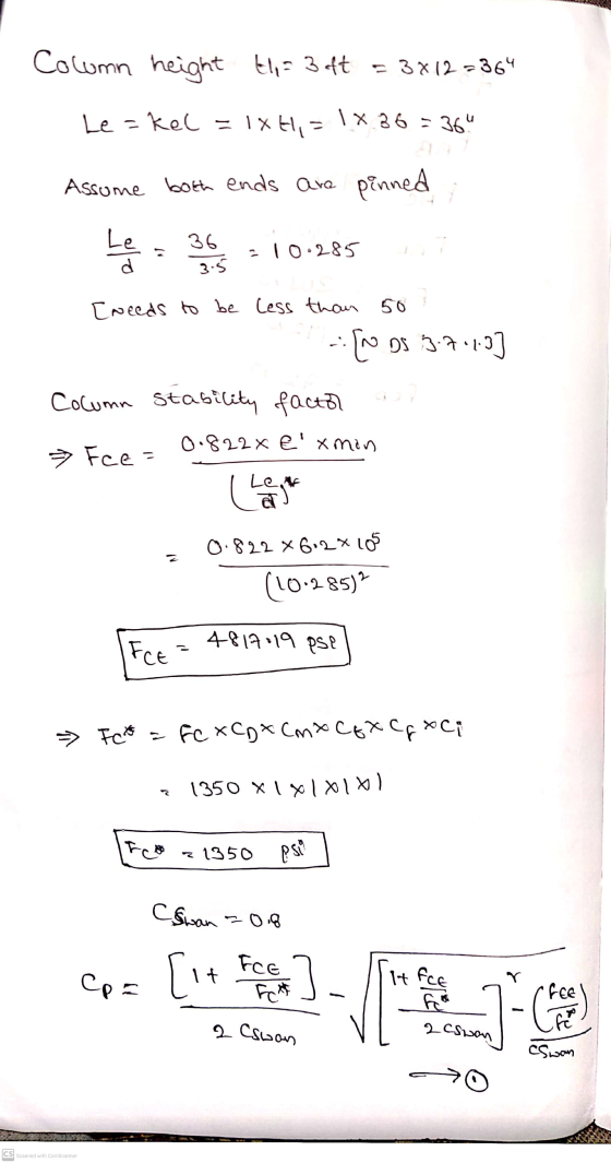 Column height t1,- 30t = 37122364 Le=kel - kel = 1xH, = 1x 36 = 364 Assume both ends are pinned le366 - 10.285 [needs to be l