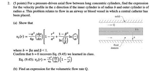 2. (5 points) For a pressure-driven axial flow between long concentric cylinders, find the expression for the velocity profil