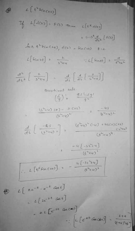 c{th sin cat) L{f(t)] = F(s) then If L[tk flts (-1st of love ( FCs) fct) Sin C2E) k=2 for t²sin Cat), L{finst] = 7 - [sinat]