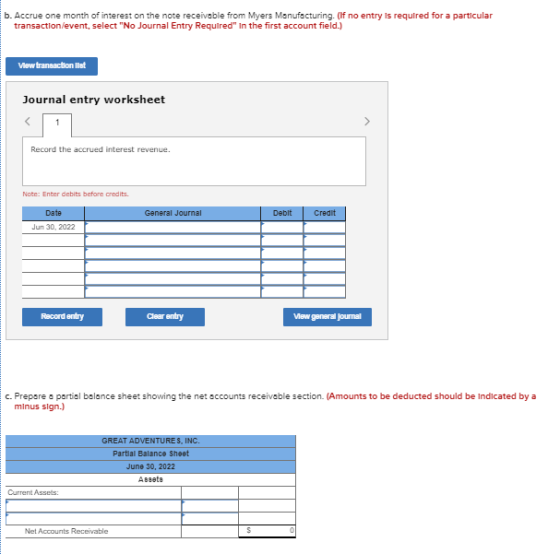 b. Accrue one month of interest on the note receivable from Myers Manufacturing. (If no entry is required for a particular tr