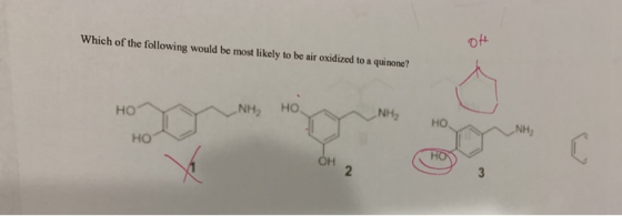 Which of the following would be most likely to be air oxidized to a quinone? Но NH, НО NH2 НО. НО ОН ( HOM