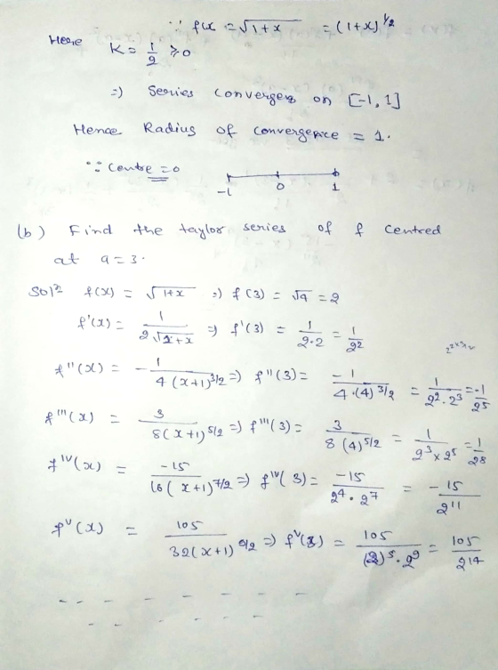 fu afitx = (1+aste Here k = I 7,0 =) series convergery on [1,1] Hence Radius of convergence = 1. o contre co f centred (b) fi