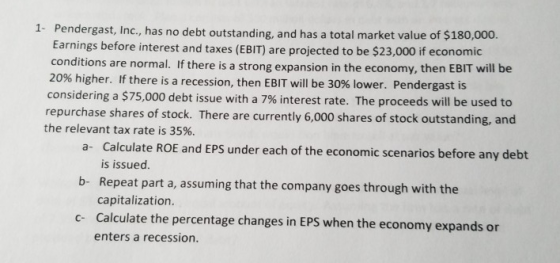 1. Pendergast, Inc., has no debt outstanding, and has a total market value of $180,000. Earnings before interest and taxes (E