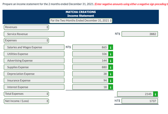 Prepare an income statement for the 2 months ended December 31, 2021. (Enter negative amounts using either a negative sign pr
