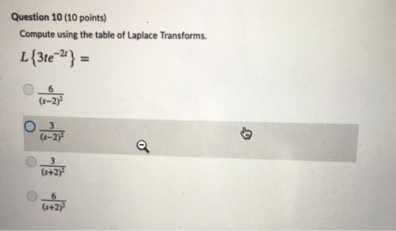 Question 10 (10 points) Compute using the table of Laplace Transforms. (s-2) (r-2) (s+2 6 (s+2)