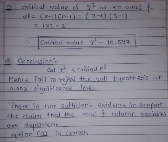a critical value of 22 at p= 0.005 f df = (0-1) (0-1)=(2-1) (3-1) 1 X2 = 2 Critical value x²= 10.597 d) conclusions Cael. x <