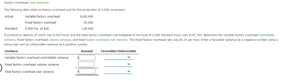Factory Overhead Cost Variances The following data relate to factory overhead cost for the production of 5,000 computers: Act