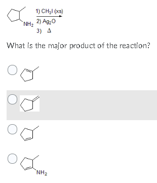 NH2 1) CHI (xs) 2) Ag20 3) A What is the major product of the reaction? NH2