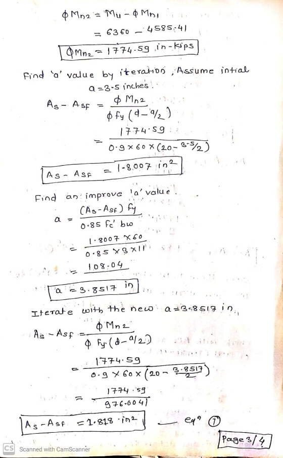 & Mn 2 = Mud Mn. 6360 4585-41 = 1774.59 in-kips [Q Mna find a value by iteration, Assume intial a = 3-5 inches! Ag - Asf =