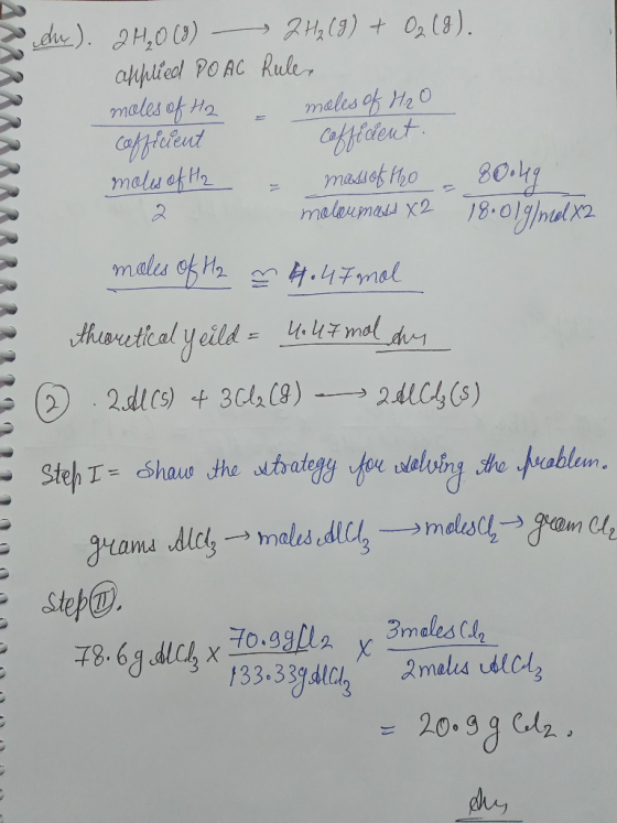 ARRRRRRRRRRRRR33 du). 24₂0 (8) 2 H₂(g) + O₂ (8). applied POAC Rule moles of H2 - males of H₂O Coffleient cefficient moles of
