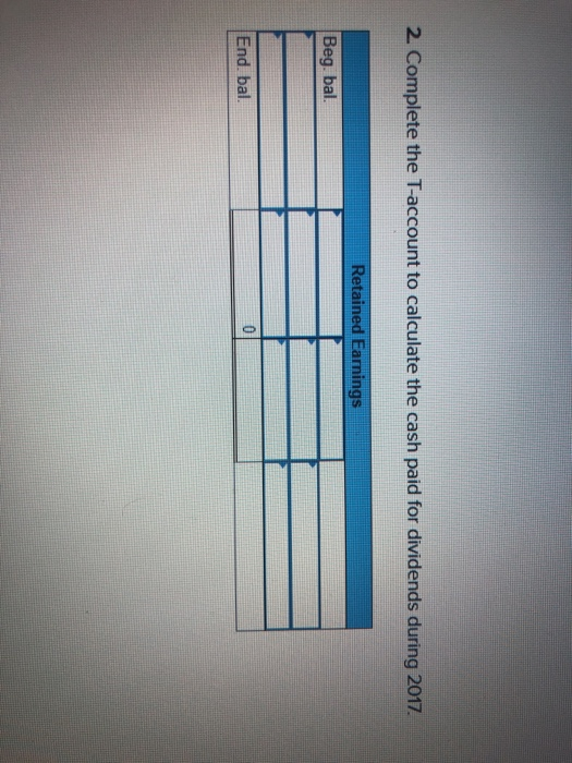 2. Complete the T-account to calculate the cash paid for dividends during 2017 Retained Earnings Beg. bal End. bal